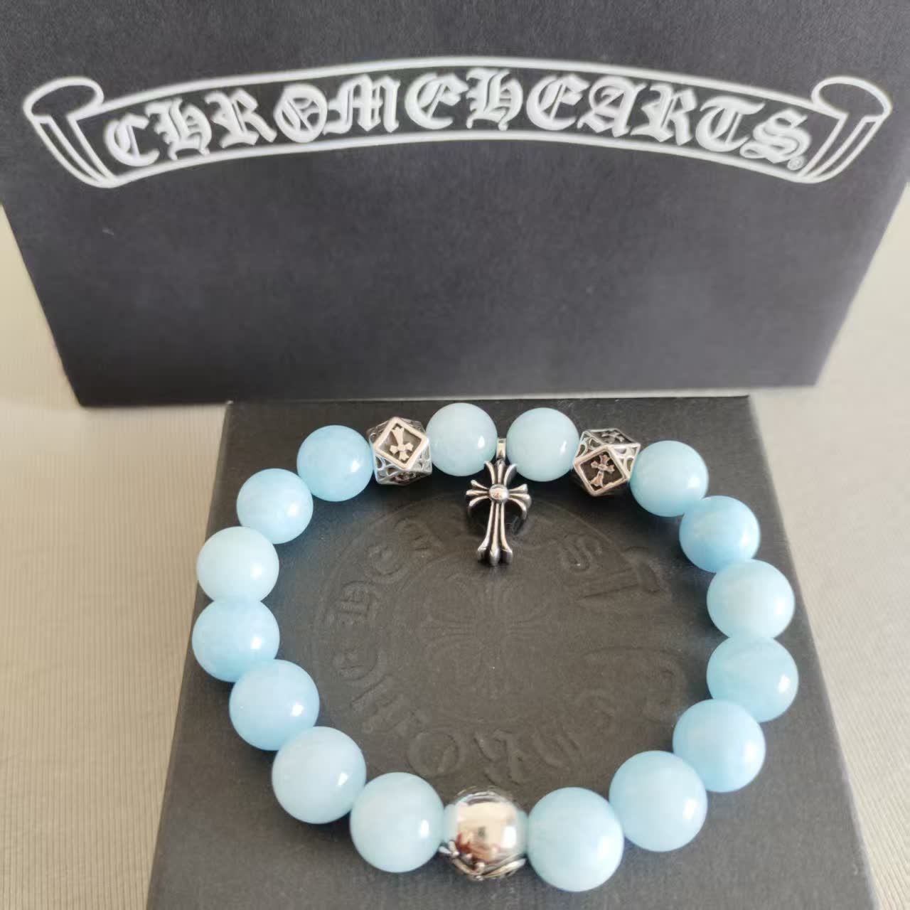 Chrome Hearts Chromecards Blue Beaded Bracelet with Cross Charm Chrome Hearts Chromecards Blue Beaded Bracelet with Cross Charm